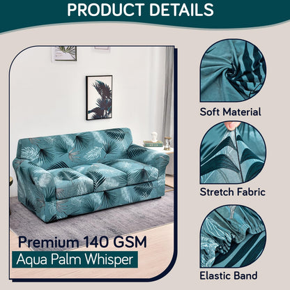 Printed Stretchable Sofa Slipcover with 1/2/3 Pc Separate Seat Cushion Cover for each 1/2/3 Seater, Aqua Palm Whisper