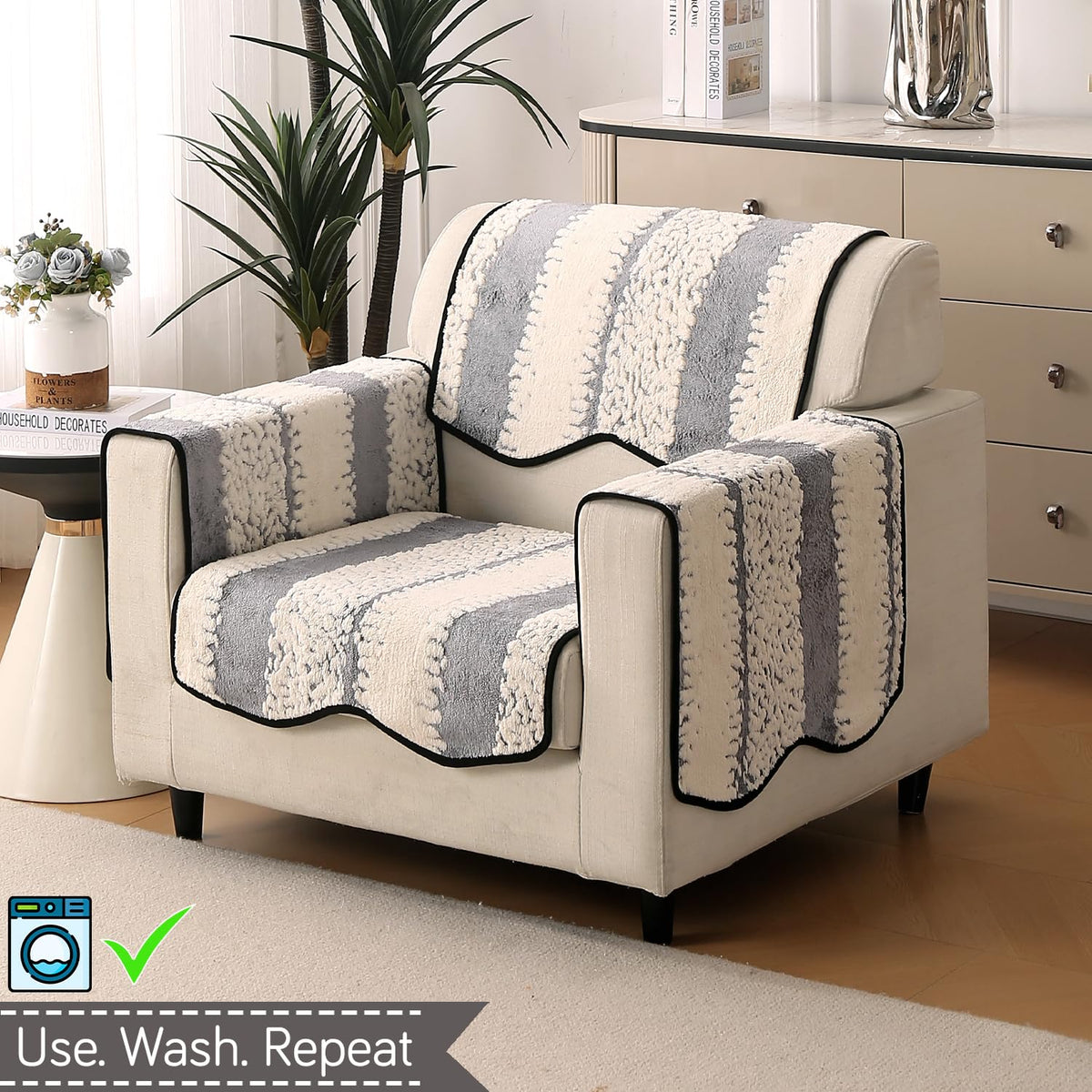 Luxury Sofa Cover Set | Seat, Back & Arm Covers | Anti-Slip Wavy Mat – Pewter Grey