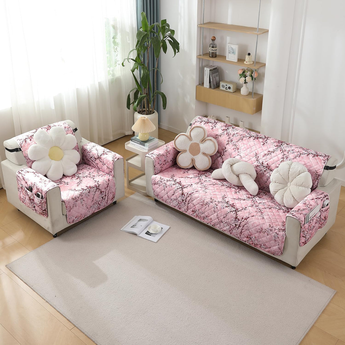 Blossom Flower Pink print premium quilted waterproof sofa cover for 3 1 seater​ sofa