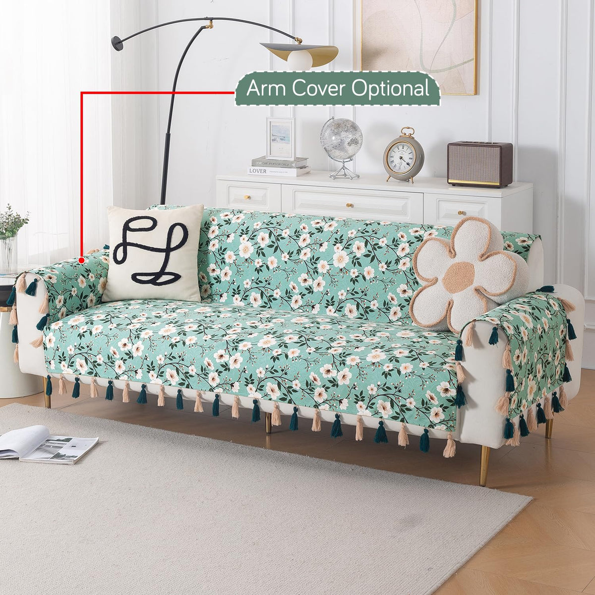 'Whispers of Nature' Series Holland Velvet Sofa Cover with Tassel, Sage Floral Vine