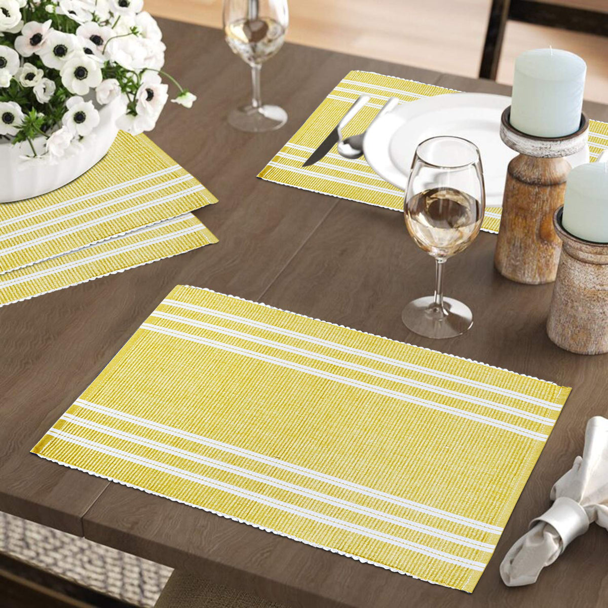 Ribbed Cotton Heat Resistant Dining Table Mat, Yellow Striped