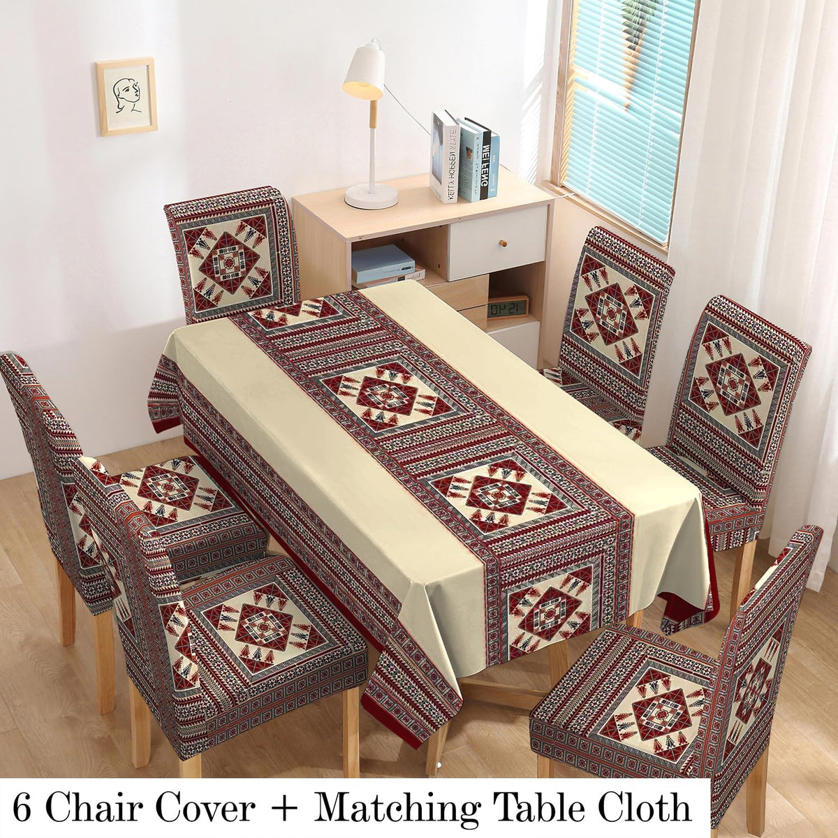 Polyester Dining Chair Covers Set of 4/6 with Matching Tablecloth, Tribal Maroon
