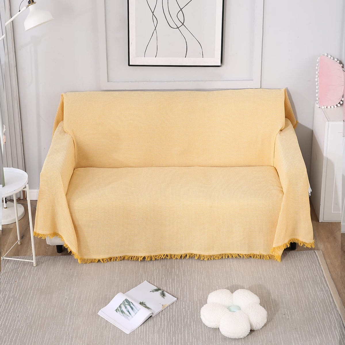 Yellow colour polycotton sofa throw in size 180(D)x180(L) for one seater, 180(D)x230(L) for two seater, 180(D)x300(L) for 3 seater
