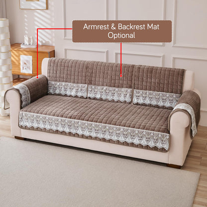 BelleLace Series Imperial Milk Velvet Sofa Cover Mat with Lace Design - Mocha Brown
