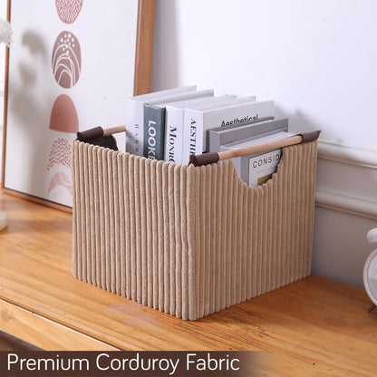 Premium Foldable Storage Bin with Wooden Handles | Corduroy Fabric Organizer Box for Wardrobe, Books, Clothes & Misc Items, Camel