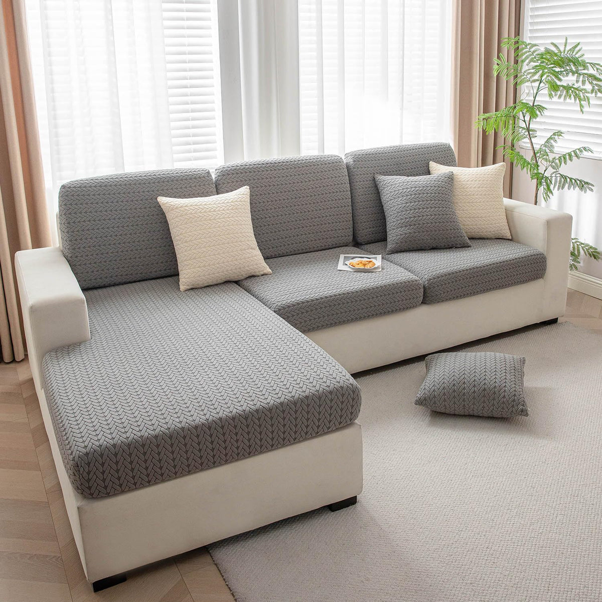 Luxurious Dark Grey Colour Grid Jacquard Sofa Pillow Cover