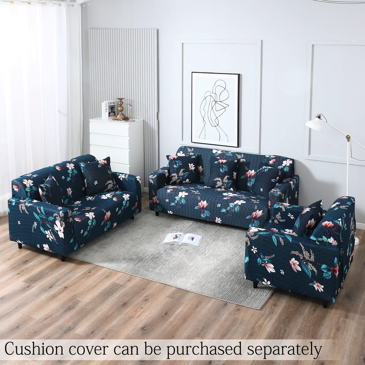 Elastic Stretchable Printed Sofa Cover and Cushion Cover, Blue Mixed Flowers