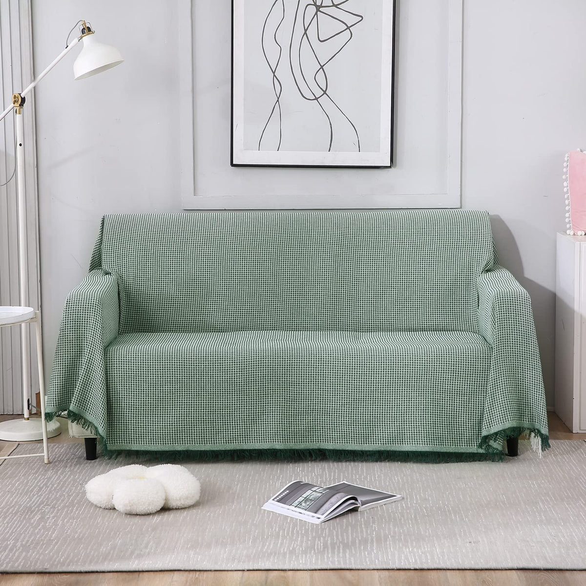 Bottle Green colour polycotton Three seater sofa throw of size 180(D)x300(L)
