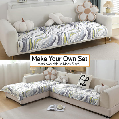 Quilted, Waterproof and Anti-Slip Sofa Cover Mat, Curved Lines Pearl White