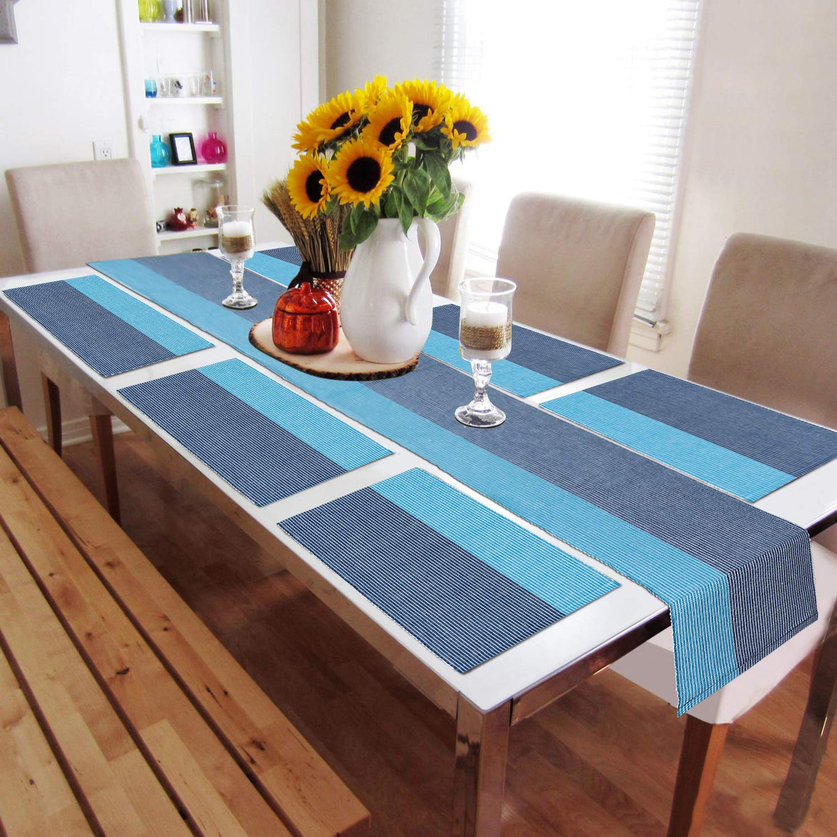 Ribbed Cotton Heat Resistant Dining Table Mat, Sky Blue
