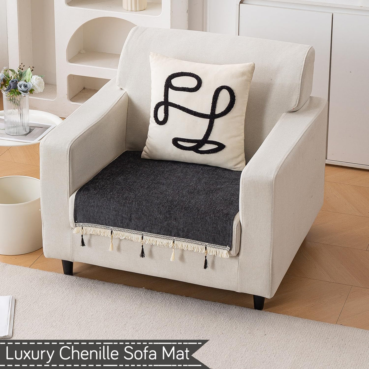 Serenity Tassel Chenille Sofa Cover with Tassel – Midnight Graphite