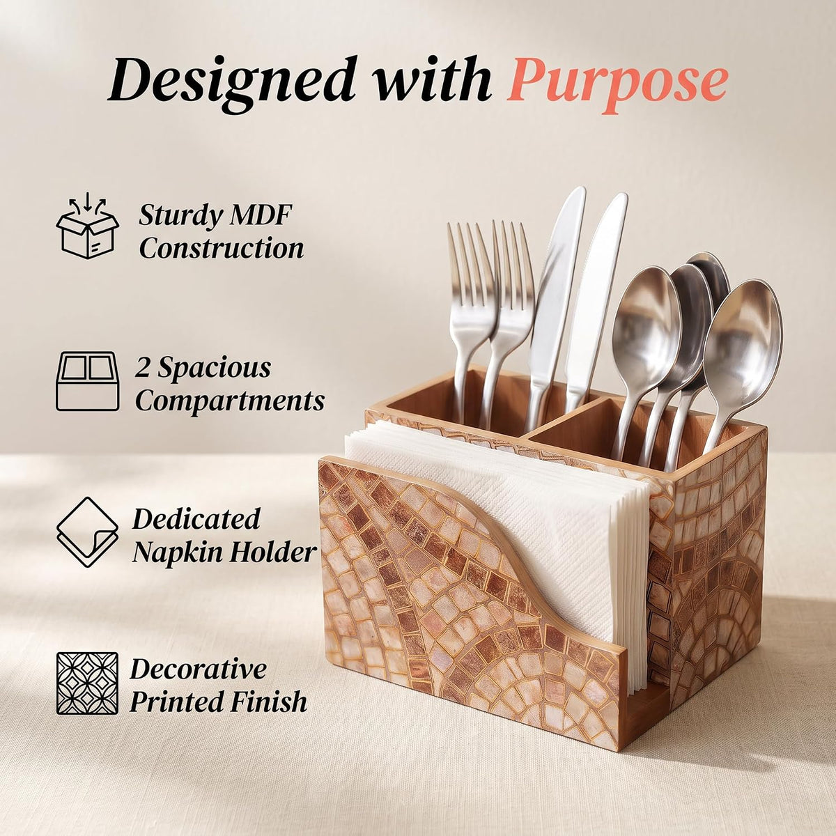 HOKIPO Cutlery Holder with Napkin Stand, Engineered Wood, Meher Mosaic - image 2