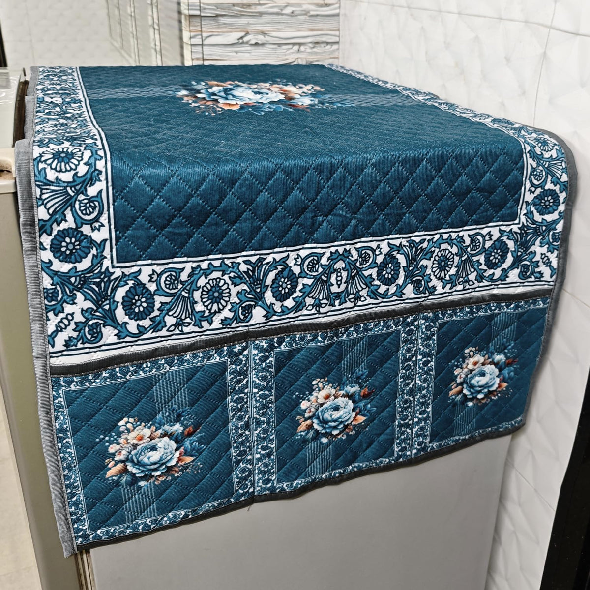 Eternal Floral Printed Quilted Fridge Top Cover with side Pockets - Ocean Blossom