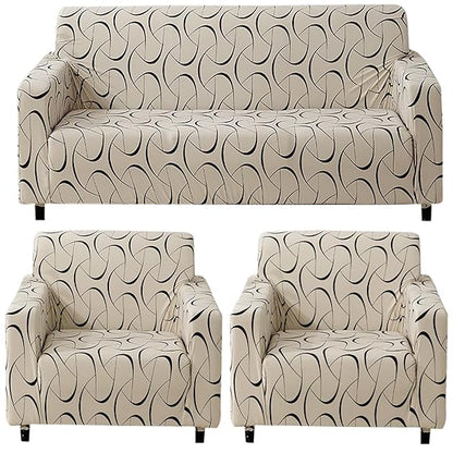 Elastic Stretchable Printed 140gsm Fully Covered Sofa Cover, Natural Beige Abstract Art