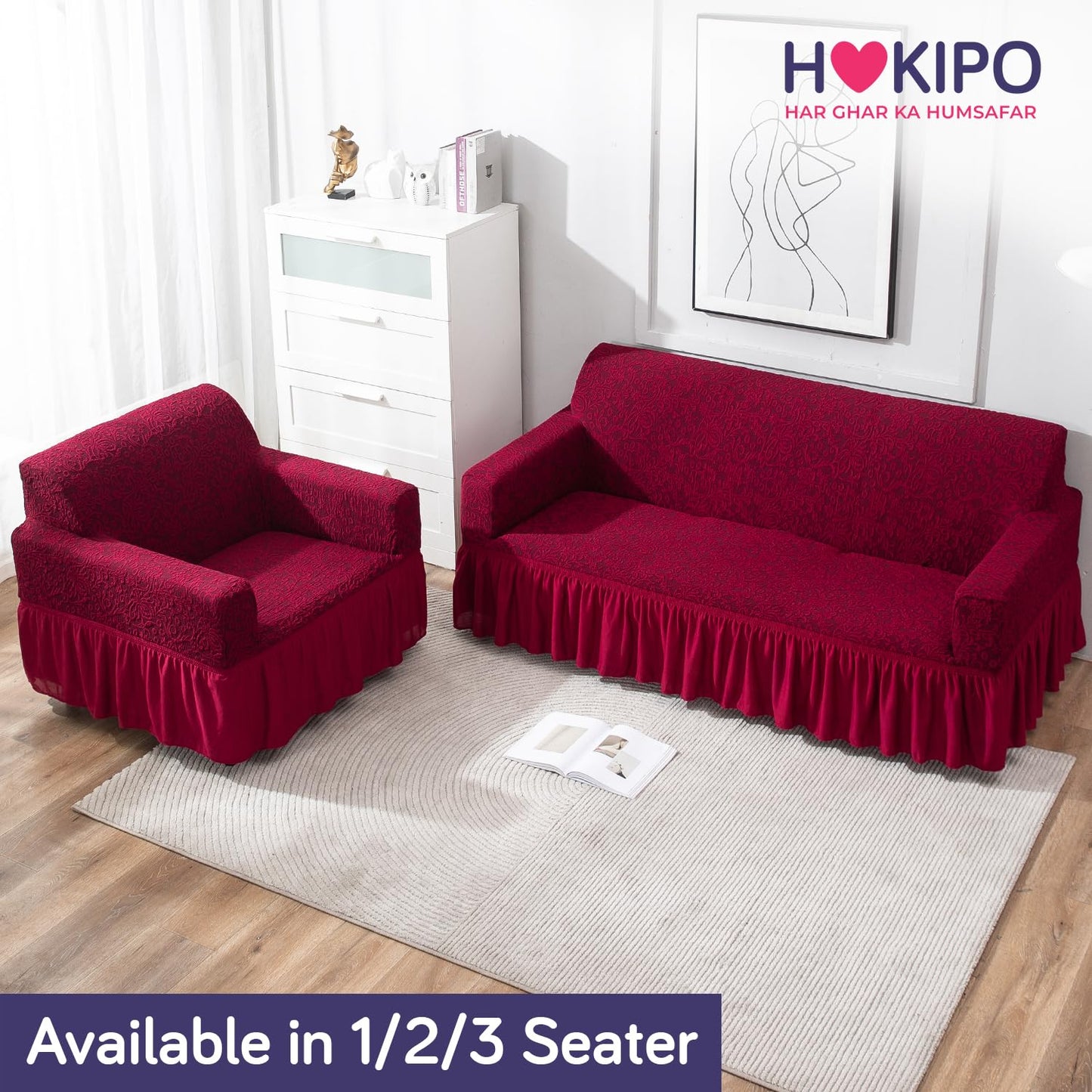 Elastic Stretchable Designer Woven Jacquard Sofa Cover with Frill, Wine Red