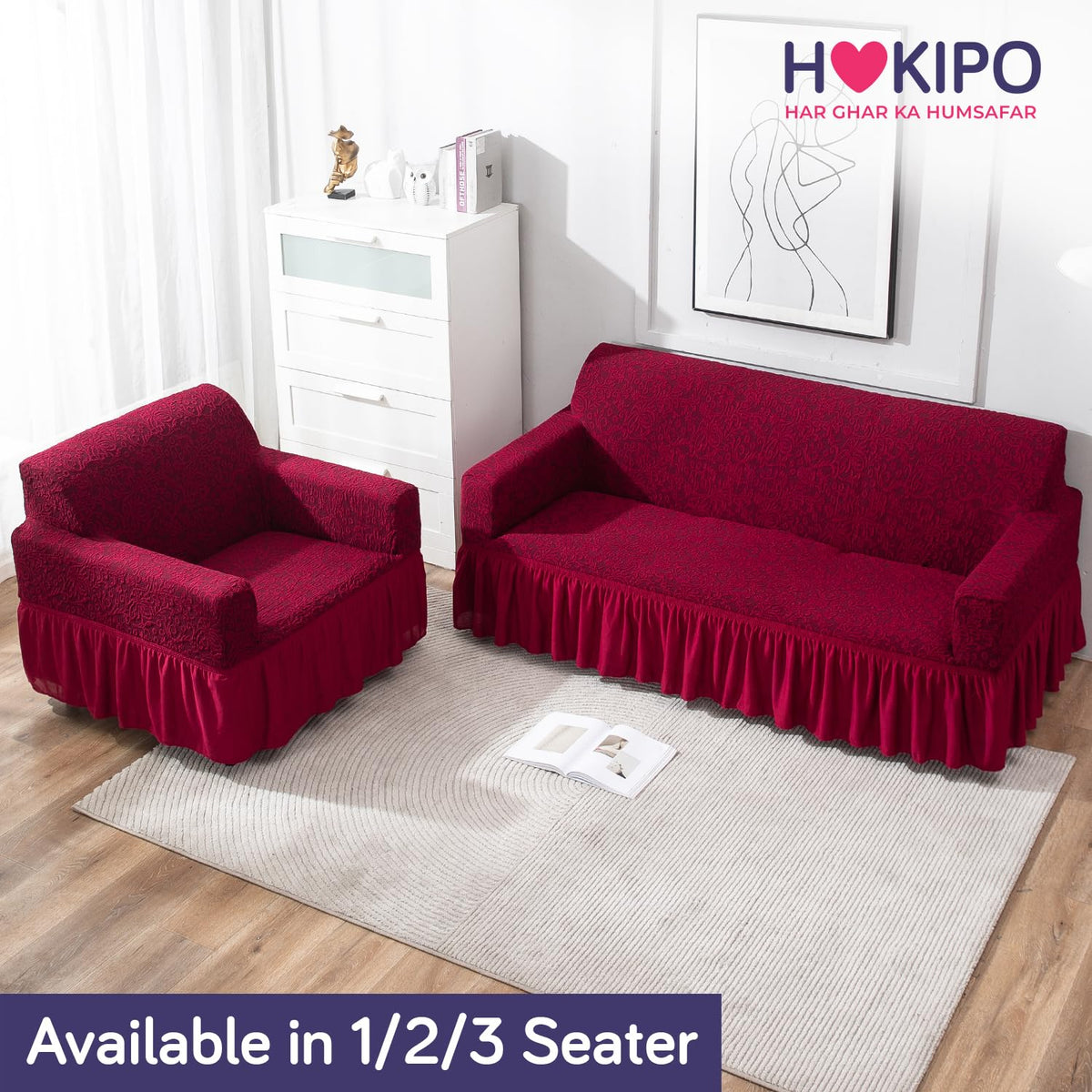 Elastic Stretchable Designer Woven Jacquard Sofa Cover with Frill, Wine Red