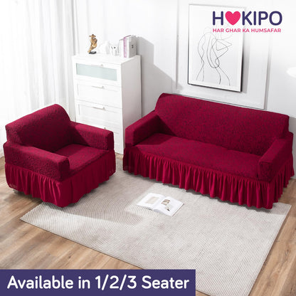 Elastic Stretchable Designer Woven Jacquard Sofa Cover with Frill, Wine Red
