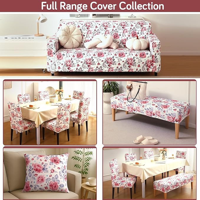 Premium Printed Velvet Dining Chair Cover Set, Red Cottage Rose