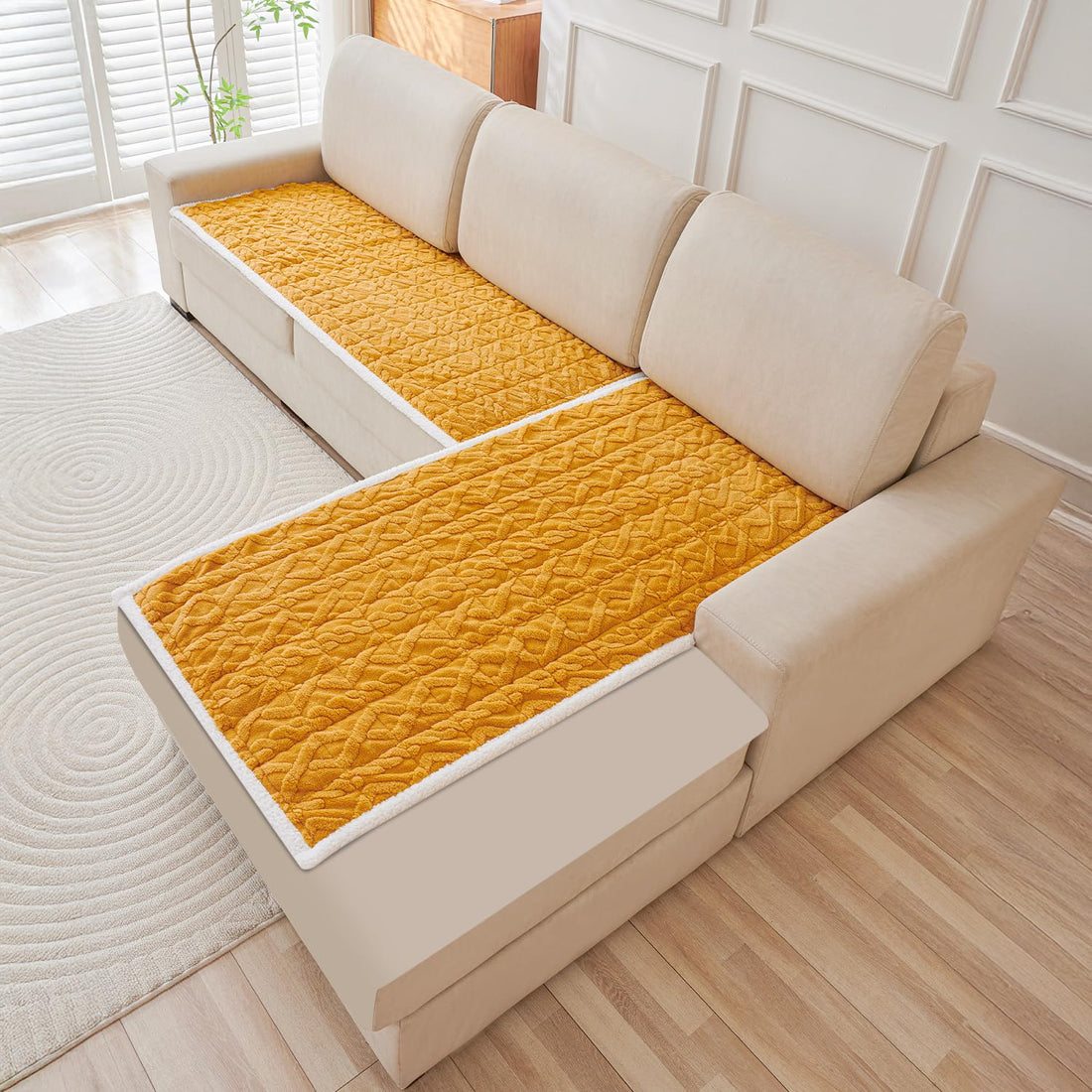 Buy Honey Yellow Italian Caelora Luxury Jacquard Plush L Shape Sofa Cover | HOKIPO