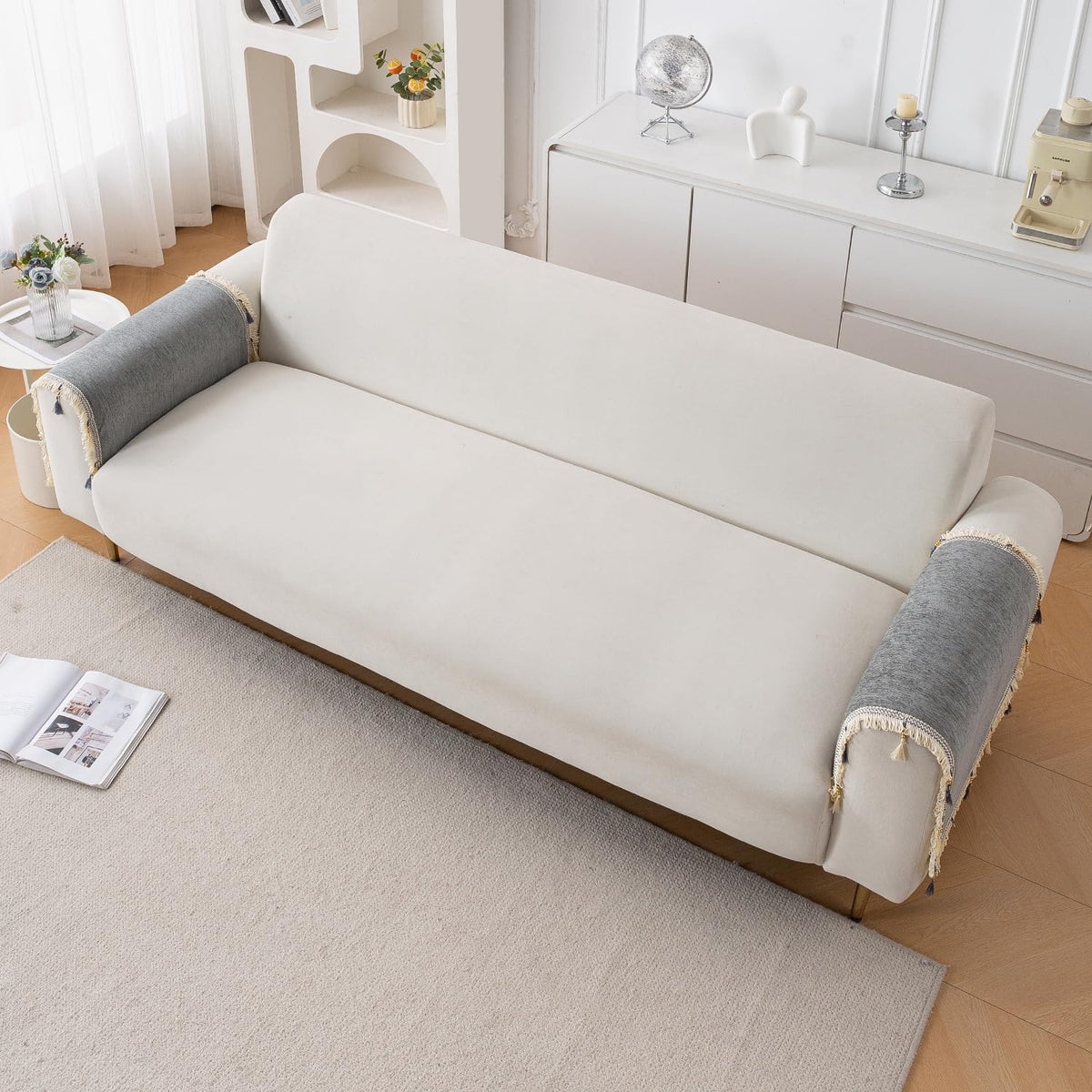 Serenity Tassel Chenille Sofa Cover with Tassel – Glacier Silver