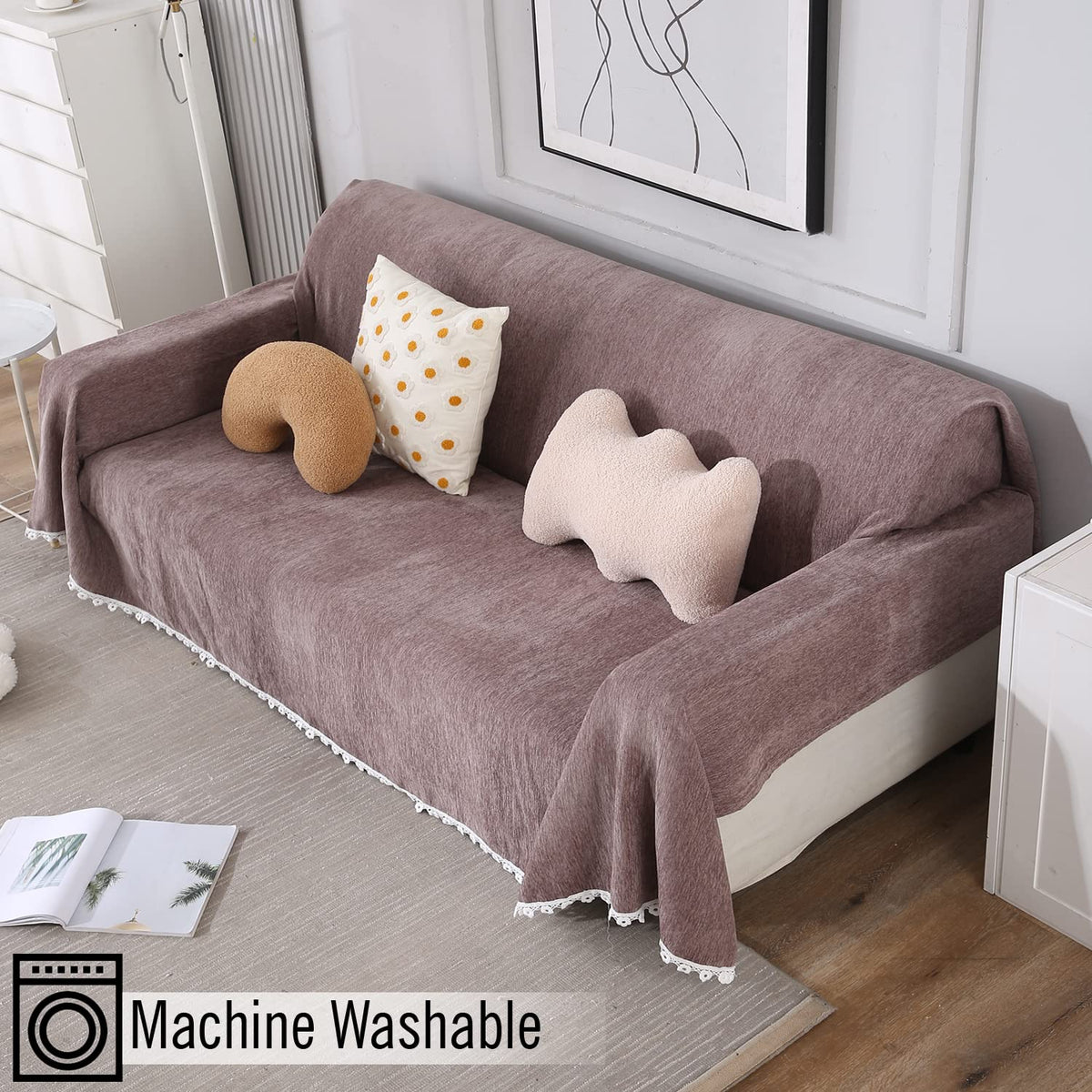 Chenille Sofa Couch Slipcover, Brown for 1/2/3 Seater