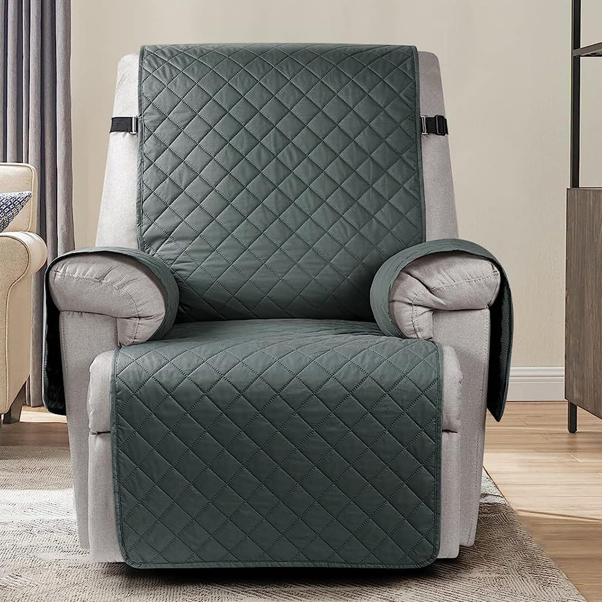 Quilted Recliner Chair Cover With Side Pockets for 1 Seater Sofa, Dark Grey