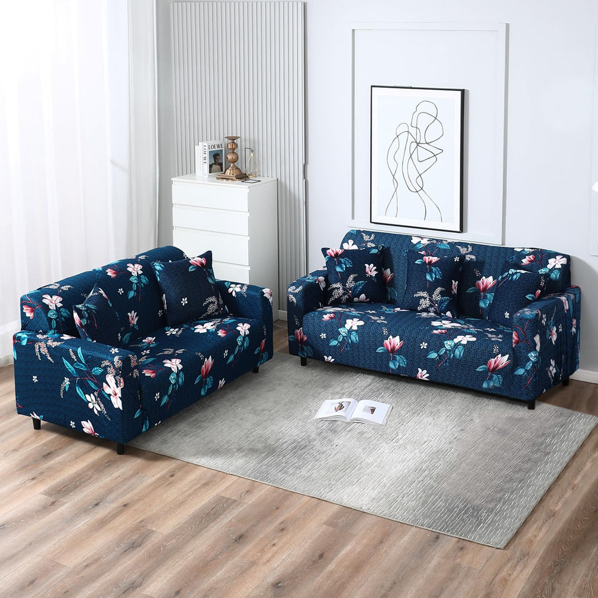 Elastic Stretchable Printed Sofa Cover, Blue Mixed Flowers
