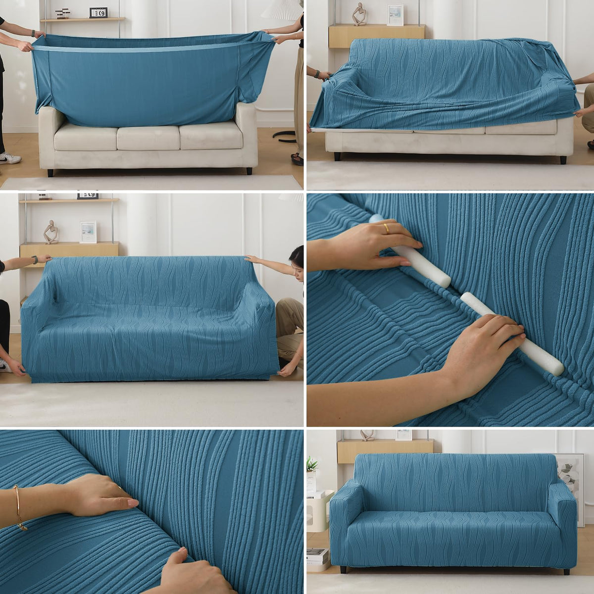 guide on how to put on sea blue colour nestiva series knitting jacquard elastic stretchable sofa cover
