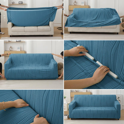 200gsm Knitting Jacquard Sofa Cover 1/2/3/4 Seater Fully Covered, Sea Blue