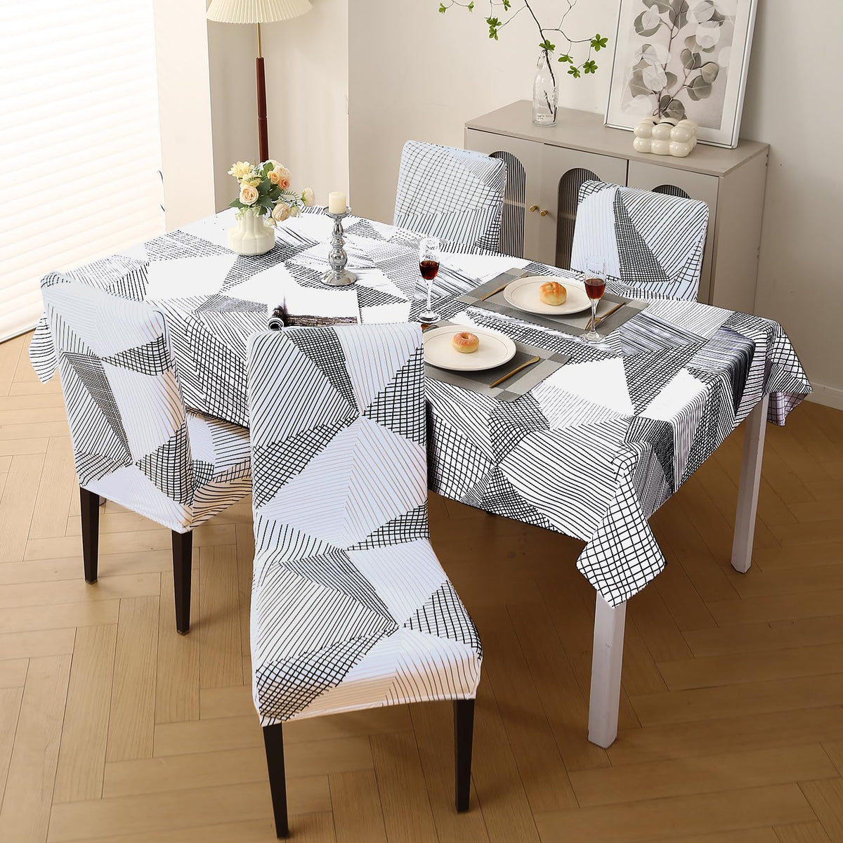 Elastic Dining Chair Covers with Matching Tablecloth, Snow White Black Geometry
