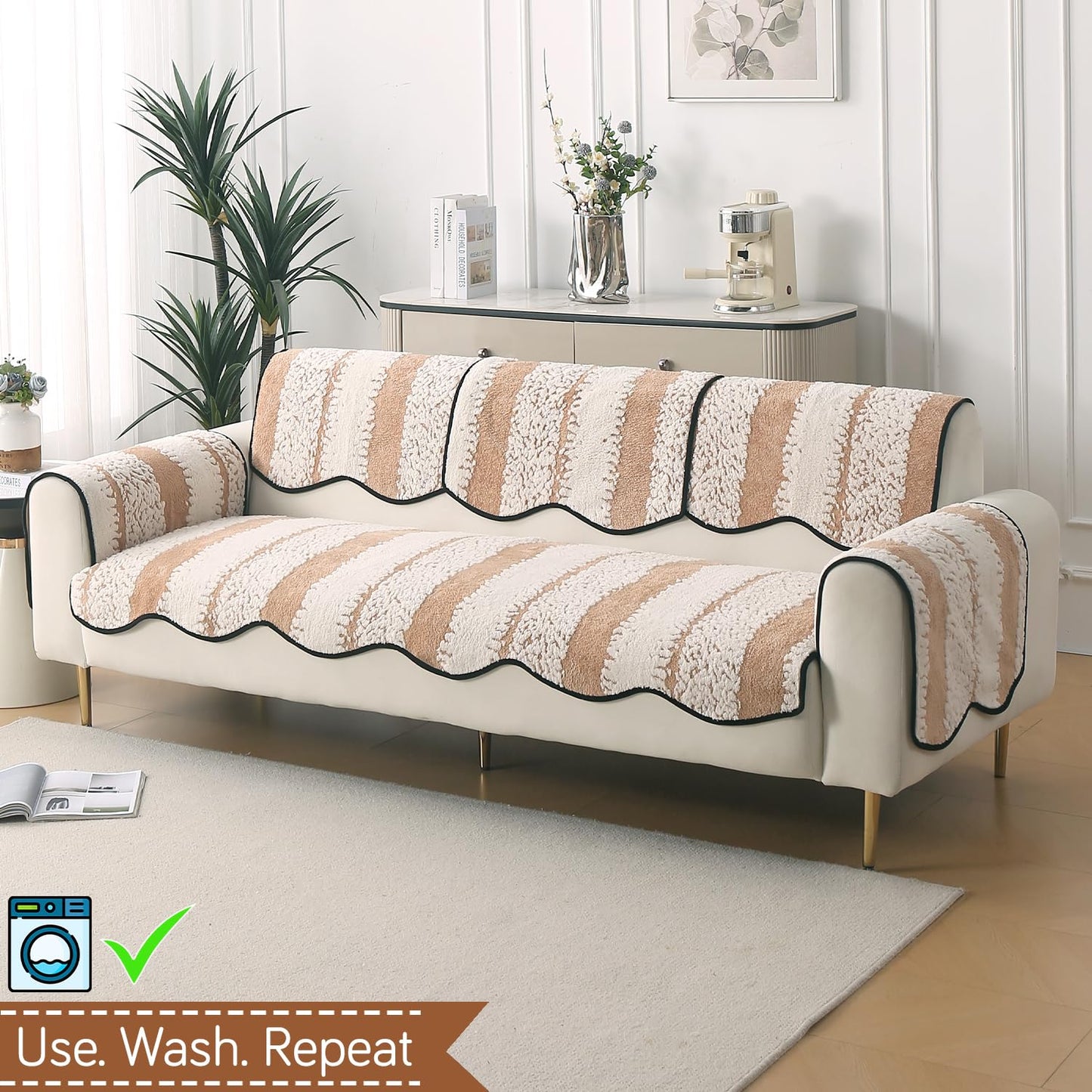 Luxury Sofa Cover Set | Seat, Back & Arm Covers | Anti-Slip Wavy Mat – Desert Brown