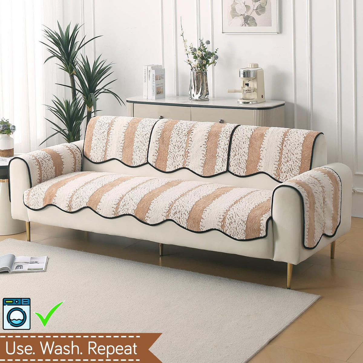 Luxury Sofa Cover Set | Seat, Back & Arm Covers | Anti-Slip Wavy Mat – Desert Brown