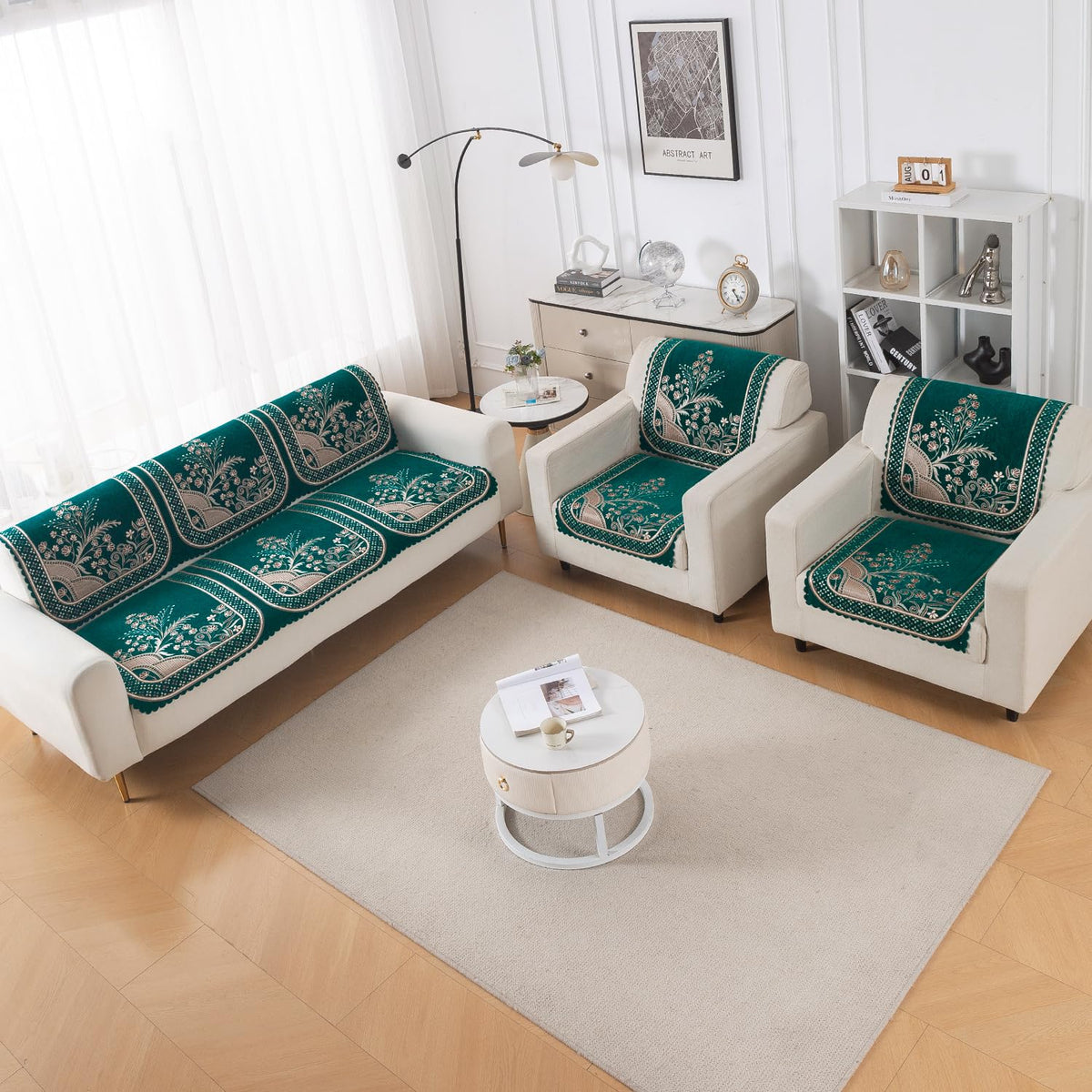 Royal Aangan Premium Chenille Jacquard Sofa Cover 5 Seater Set 3+1+1 Sofa Cover for Seat & Back, Mehfil Teal