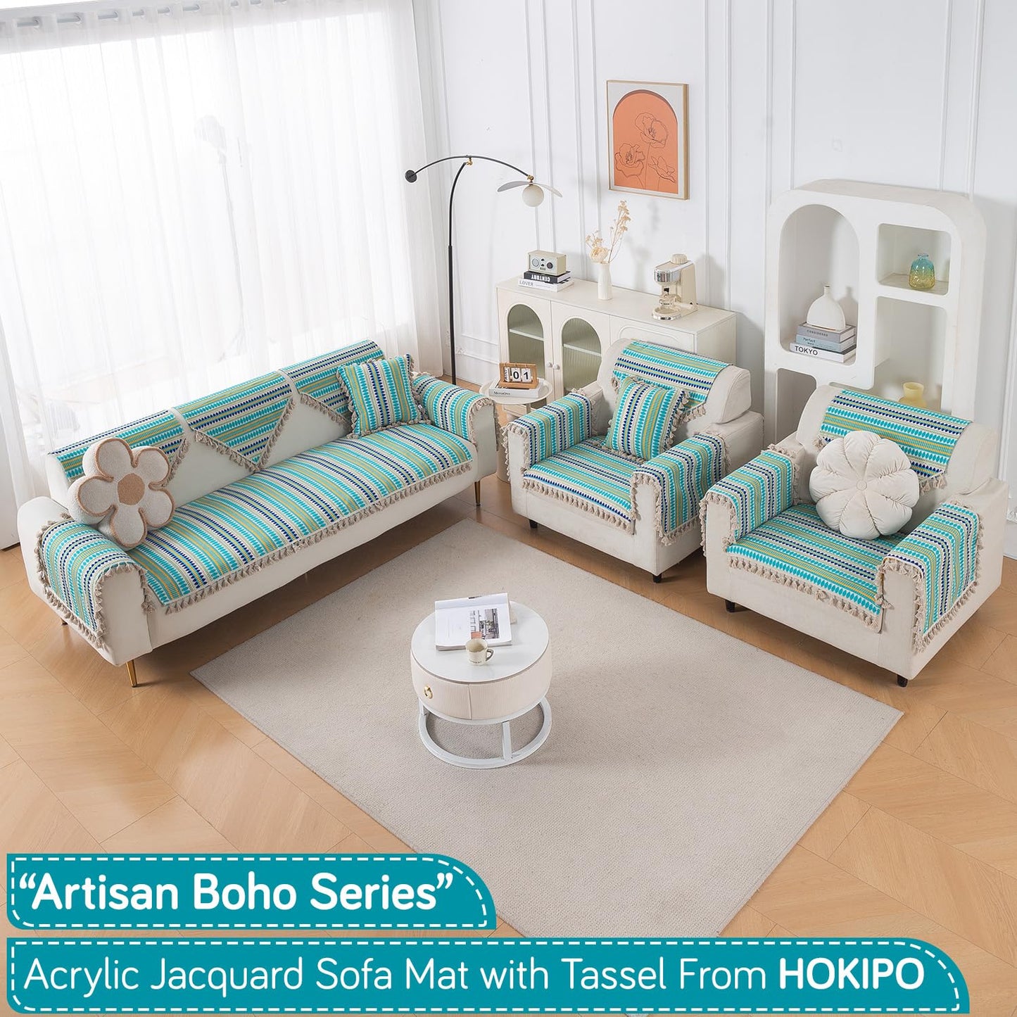 Artisan Boho 5-Seater Sofa Seat Mat with Tassels (3+1+1), Aqua Blue