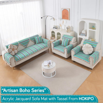 Artisan Boho 5-Seater Sofa Seat Mat with Tassels (3+1+1), Aqua Blue