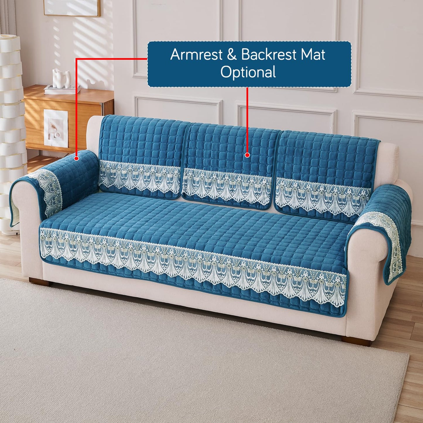 BelleLace Series Imperial Milk Velvet Sofa Cover Mat with Lace Design - Celdaon Blue