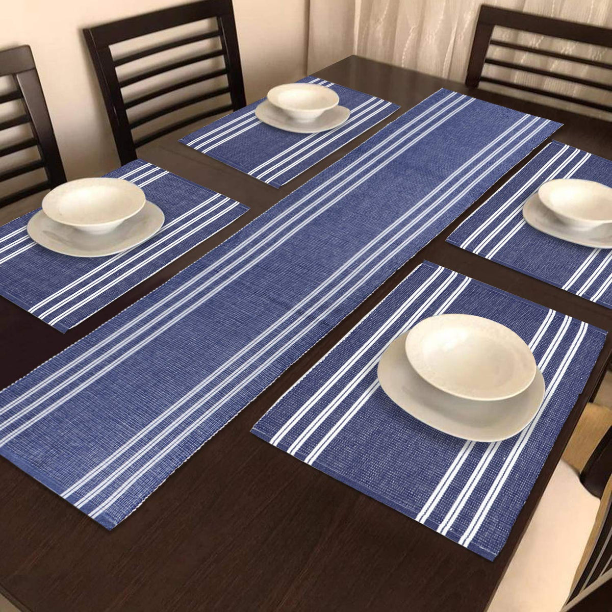 Ribbed Cotton Heat Resistant Dining Table Mat, Blue