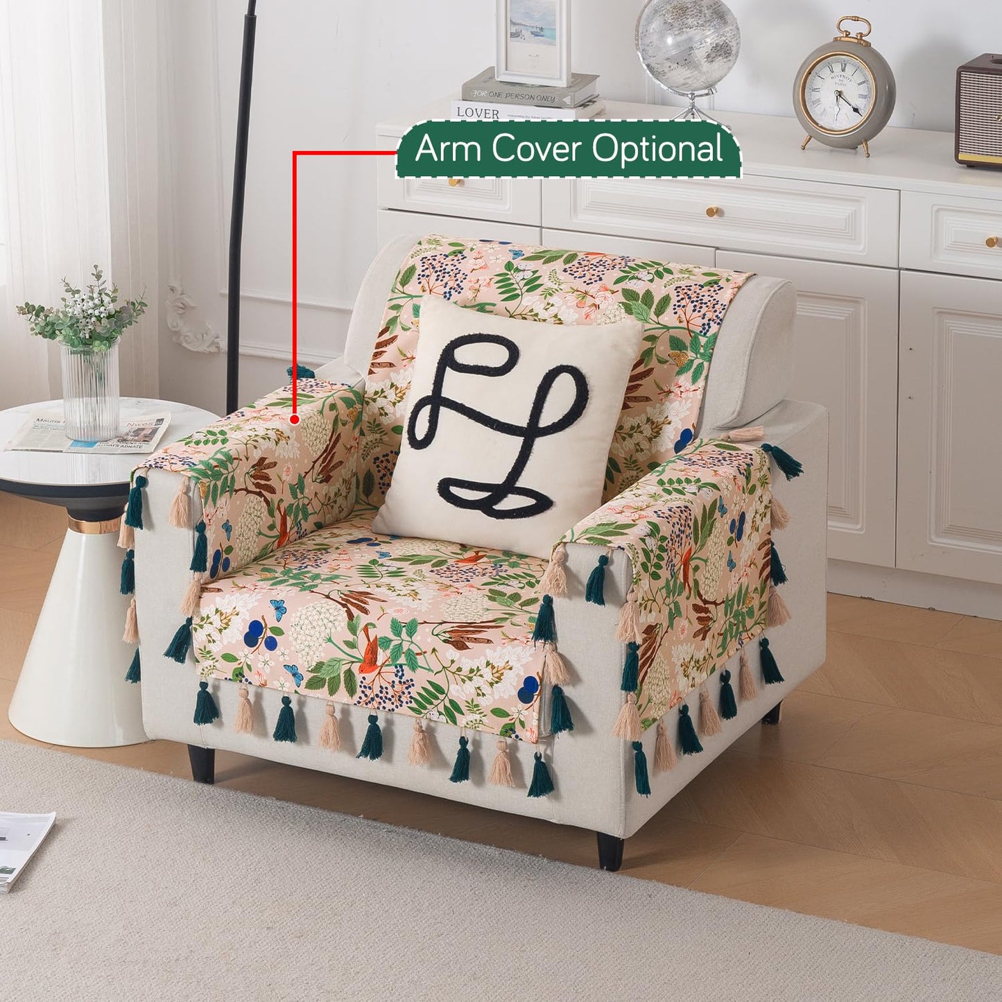 'Whispers of Nature' Series Holland Velvet Sofa Cover with Tassel, Beige Woodland Bloom