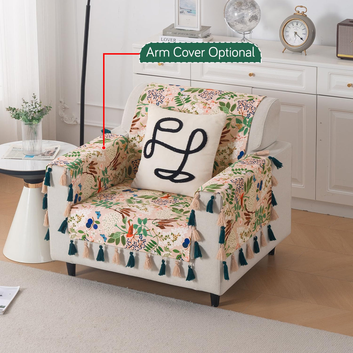 'Whispers of Nature' Series Holland Velvet Sofa Cover with Tassel, Beige Woodland Bloom
