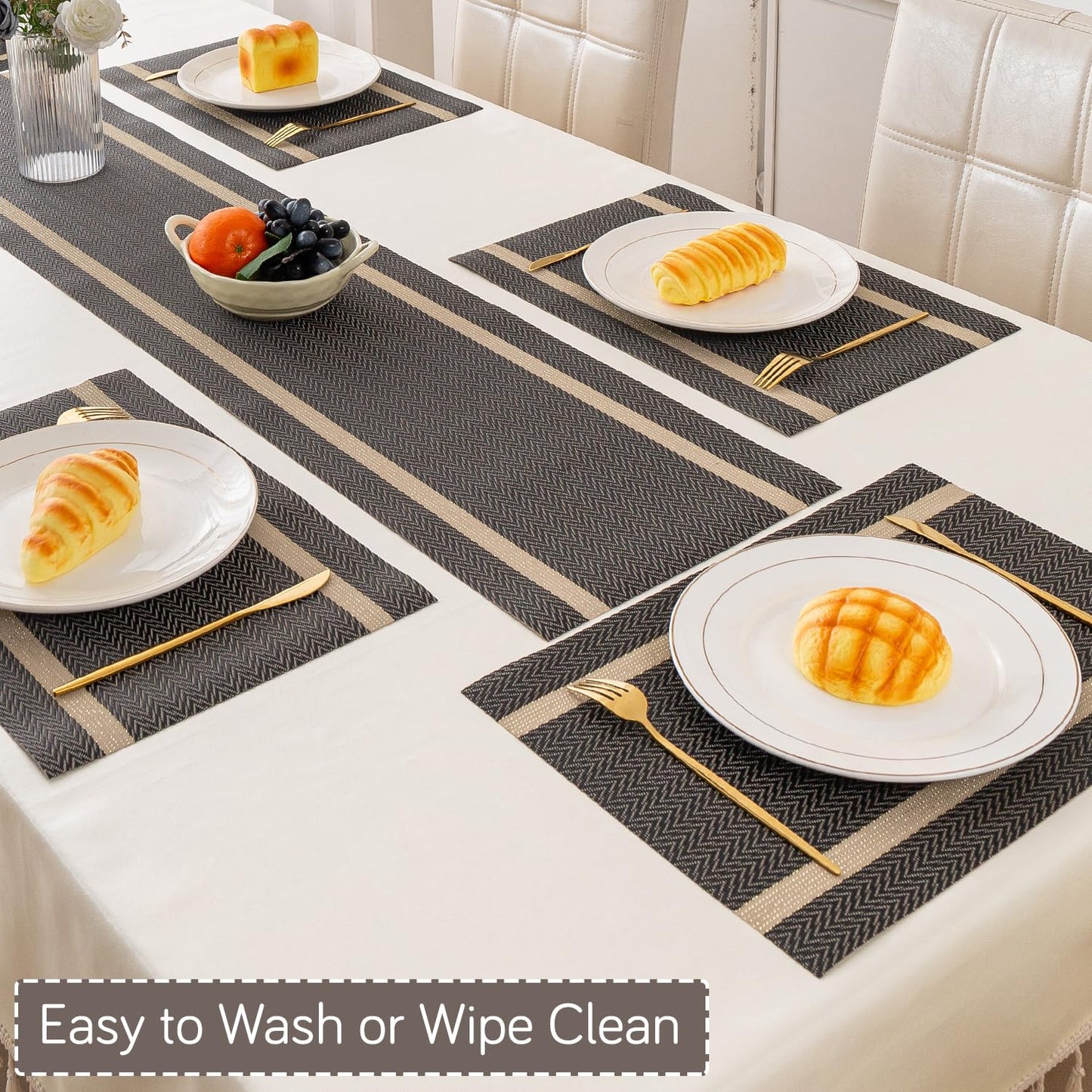 Chevron Stripes PVC Mats for Dining Table - Ebony Black