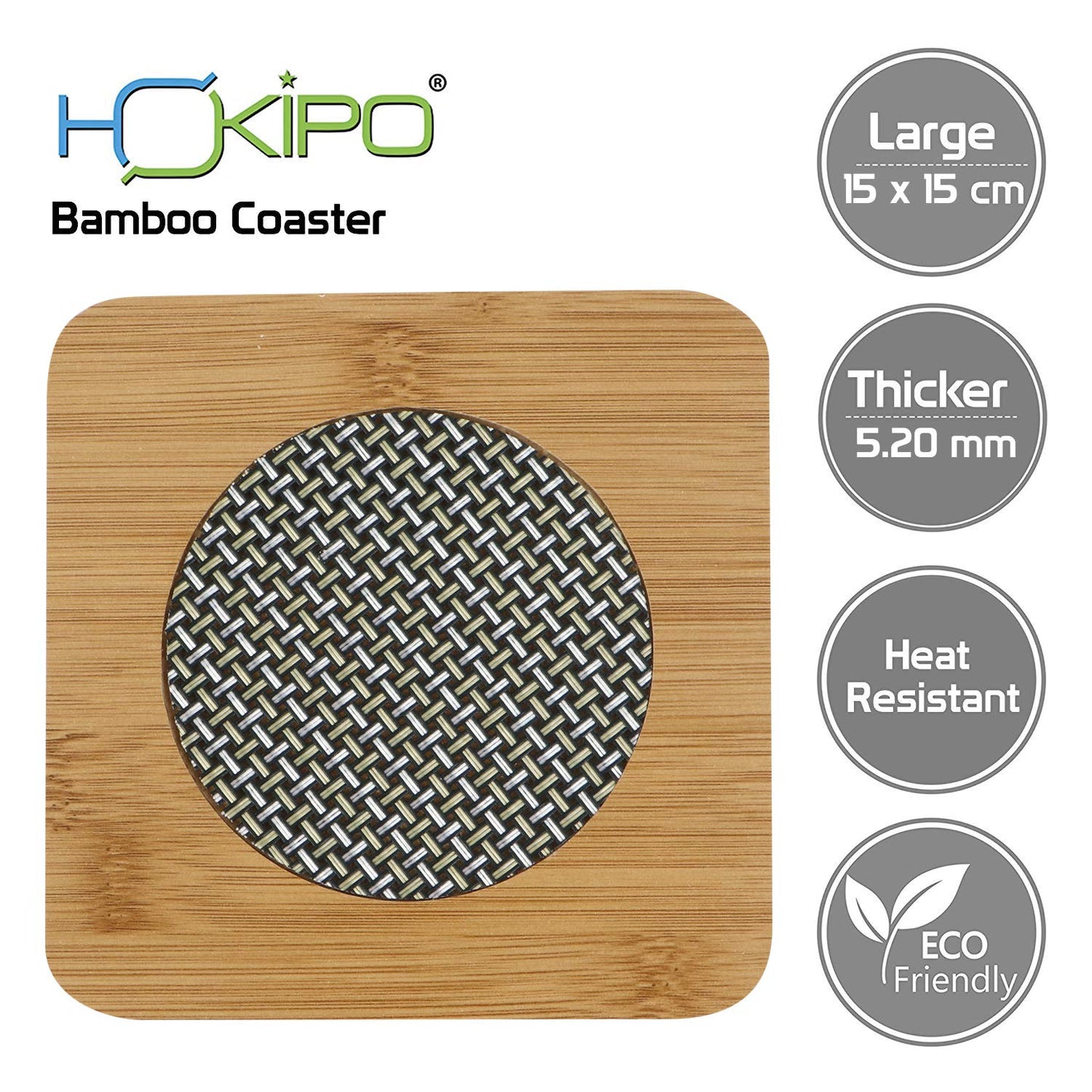 HOKIPO Eco-Friendly Bamboo Wooden Coasters for Dining Table Heat Pad for Kitchen - Pack of 2/4/6