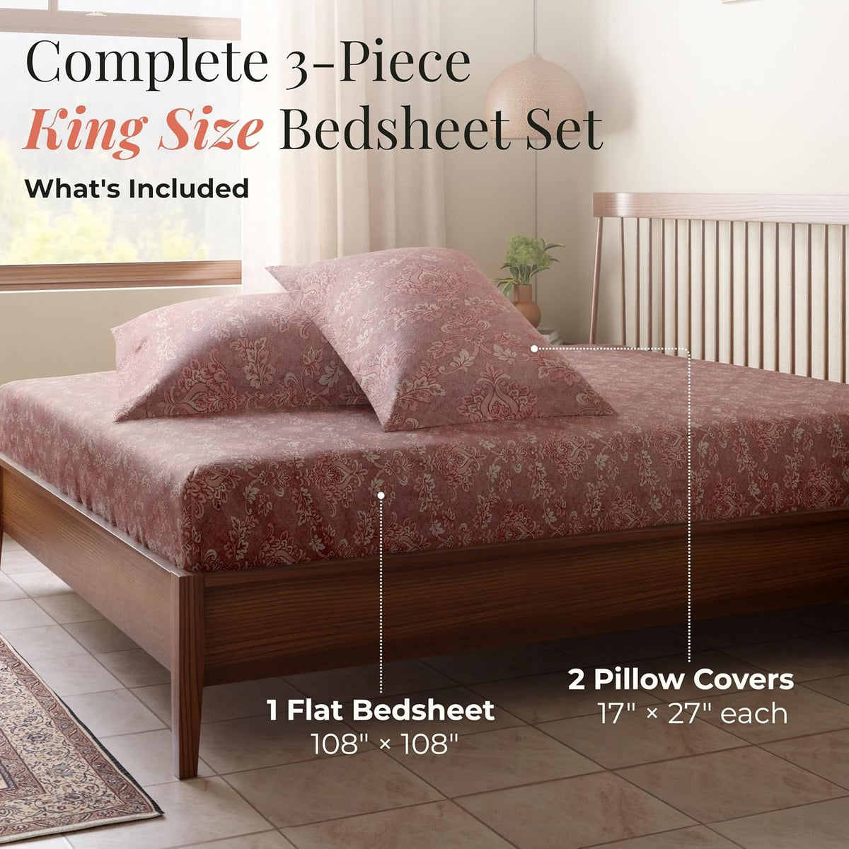HOKIPO King Size Cotton Bedsheet, 2 Pillow Covers, Reversible, Rose - image 7