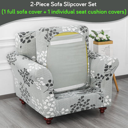 Printed Stretchable Sofa Slipcover with 1/2/3 Pc Separate Seat Cushion Cover for each 1/2/3 Seater, Grey Misty Branches