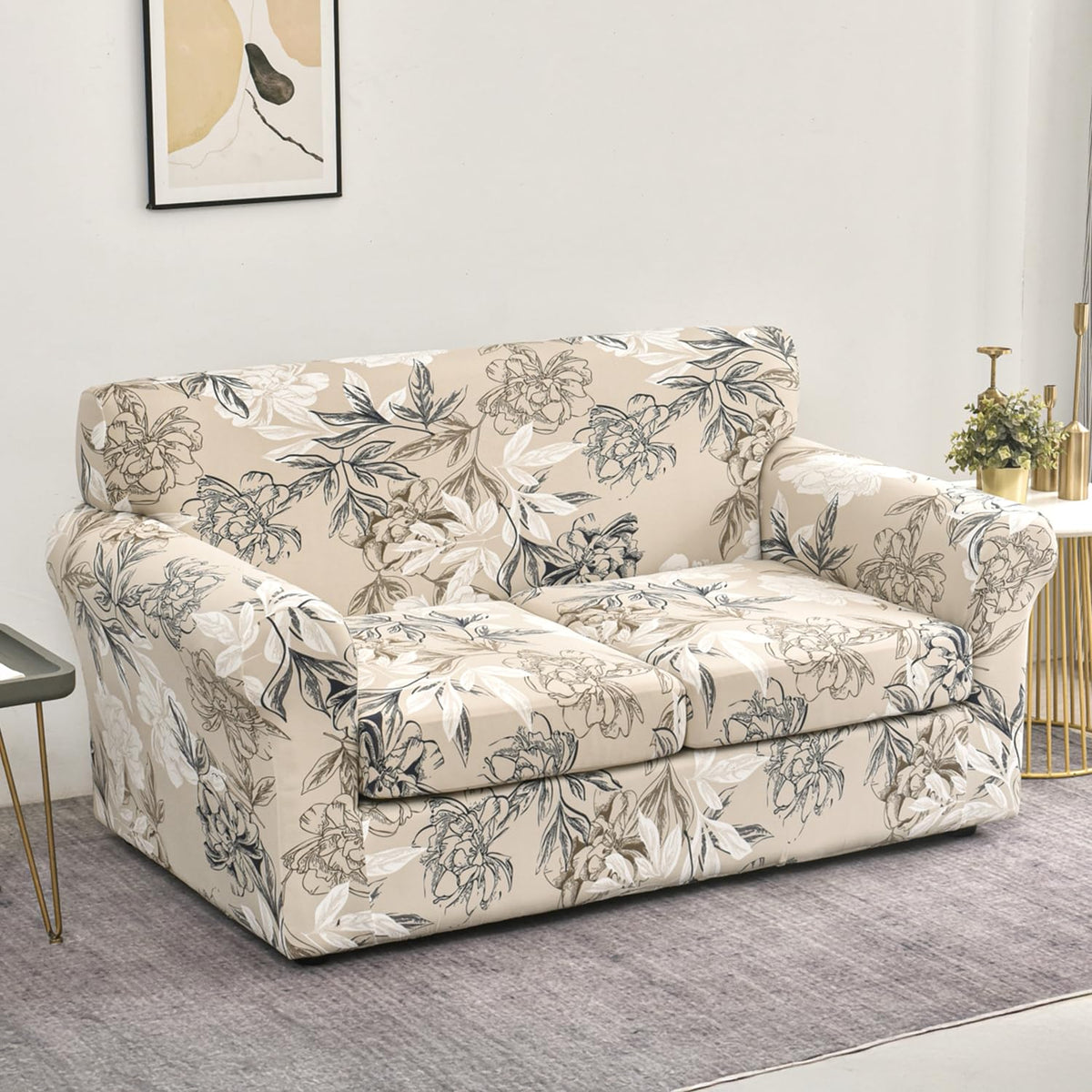 Printed Stretchable Sofa Slipcover with 1/2/3 Pc Separate Seat Cushion Cover for each 1/2/3 Seater, Beige Vintage Peony