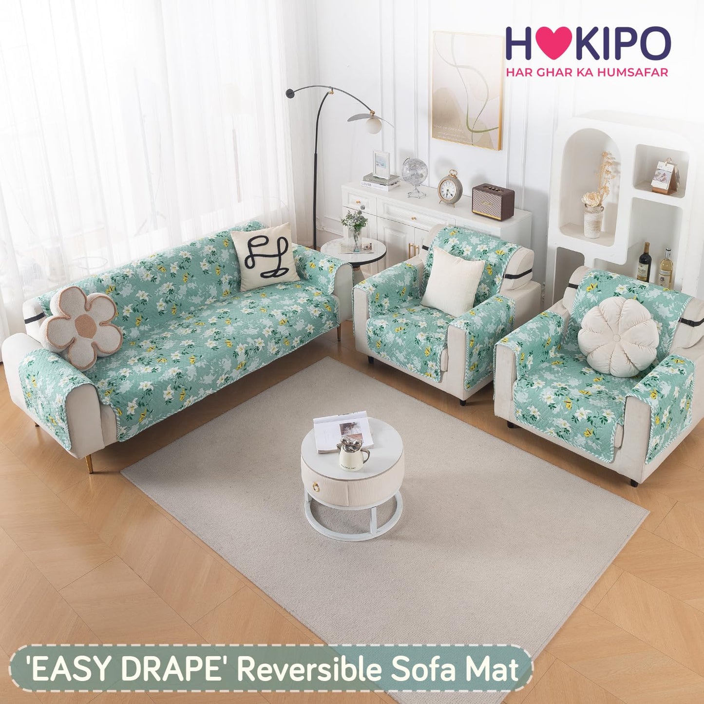Easy Drape Reversible Quilted 5-Seater Sofa Cover (3+1+1), Fresh Meadow