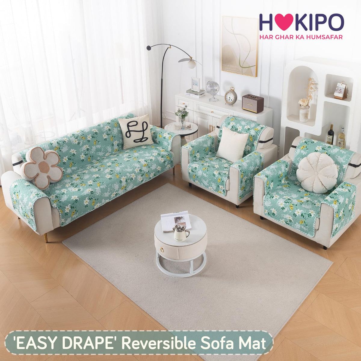Easy Drape Reversible Quilted 5-Seater Sofa Cover (3+1+1), Fresh Meadow