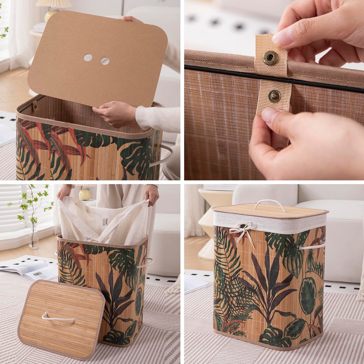 Eco-Friendly Foldable Bamboo Laundry Basket Hamper with Lid, Large - 60 Liter, Ficus Leaves