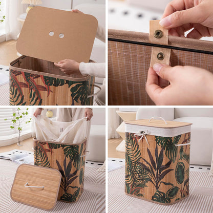Eco-Friendly Foldable Bamboo Laundry Basket Hamper with Lid, Large - 60 Liter, Ficus Leaves