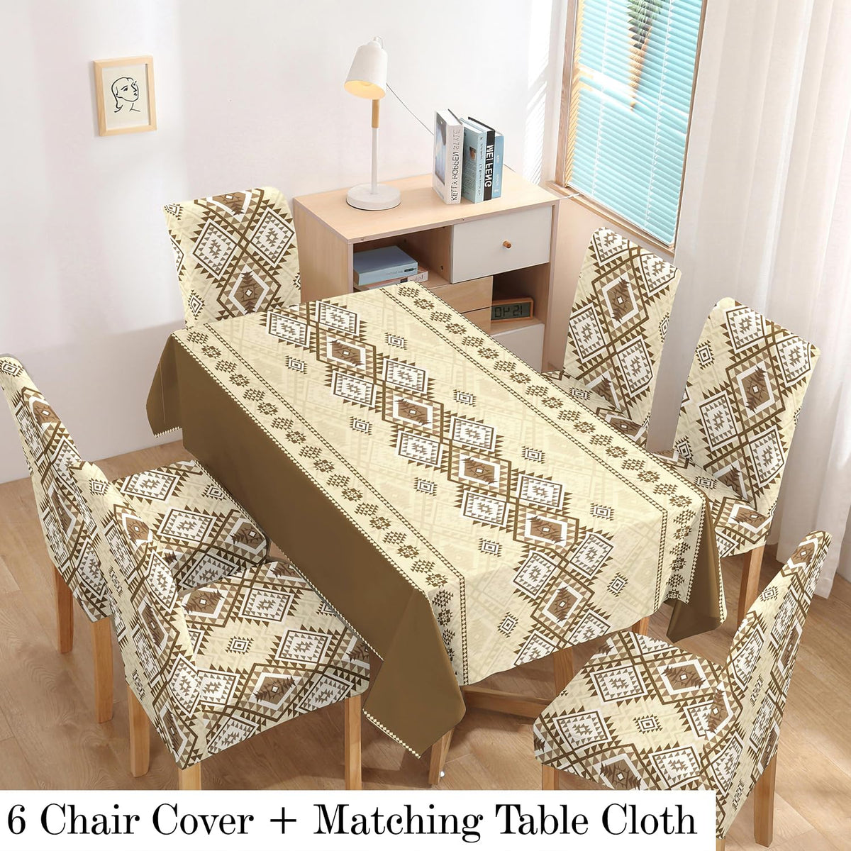Polyester Dining Chair Covers Set of 4/6 with Matching Tablecloth, Rhombus Moss Brown