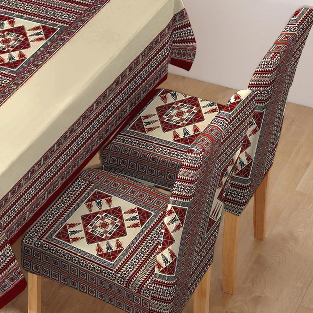Polyester Dining Chair Covers Set of 4/6 with Matching Tablecloth, Tribal Maroon